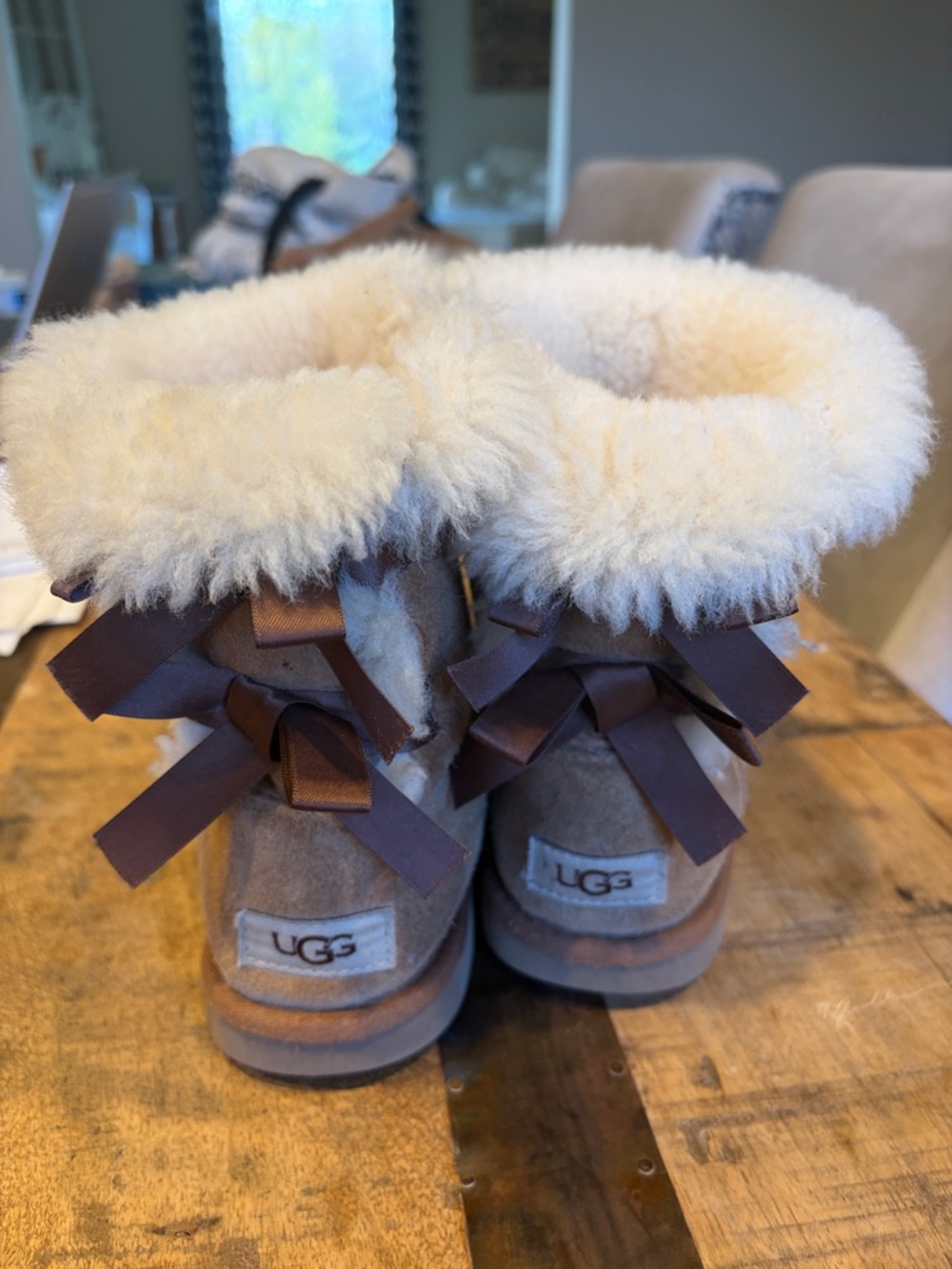 UGG Brown Suede Ankle Boots with Cream Sheepskin Cuff and Back Bows